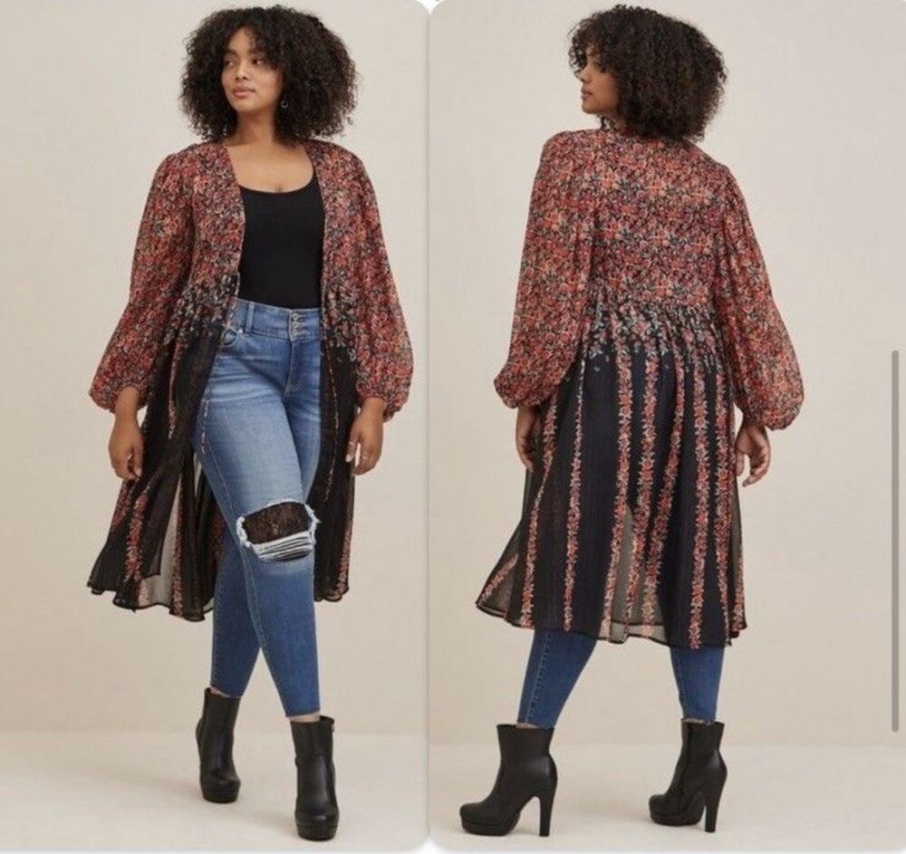 Torrid Lurex Chiffon Tie-Front Maxi Floral Kimono NWT Size 2 2X
